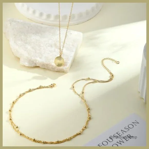 14K Gold Plated Layered Choker Necklace with Pearl Beads and Disc Pendant - Picture 4 of 7